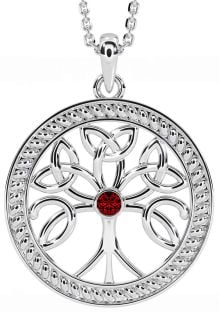 Garnet Silver Celtic Tree of Life Trinity Knot Necklace