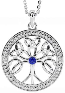 Sapphire Silver Celtic Tree of Life Trinity Knot Necklace