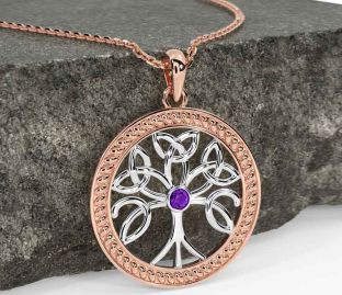 Amethyst Rose Gold Silver Celtic Tree of Life Trinity Knot Necklace
