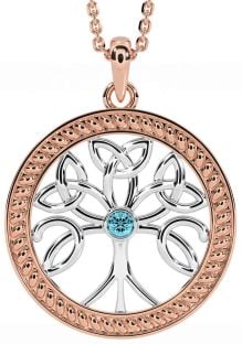 Aquamarine Rose Gold Silver Celtic Tree of Life Trinity Knot Necklace