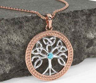 Aquamarine Rose Gold Silver Celtic Tree of Life Trinity Knot Necklace