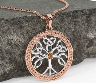 Citrine Rose Gold Silver Celtic Tree of Life Trinity Knot Necklace