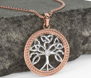 Diamond Rose Gold Silver Celtic Tree of Life Trinity Knot Necklace