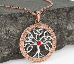 Ruby Rose Gold Silver Celtic Tree of Life Trinity Knot Necklace