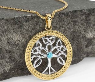 Aquamarine Gold Silver Celtic Tree of Life Trinity Knot Necklace