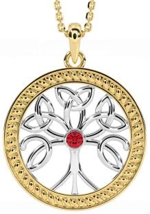 Ruby Gold Silver Celtic Tree of Life Trinity Knot Necklace