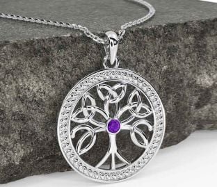 Amethyst White Gold Celtic Tree of Life Trinity Knot Necklace