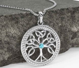 Aquamarine White Gold Celtic Tree of Life Trinity Knot Necklace