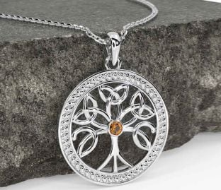 Citrine White Gold Celtic Tree of Life Trinity Knot Necklace