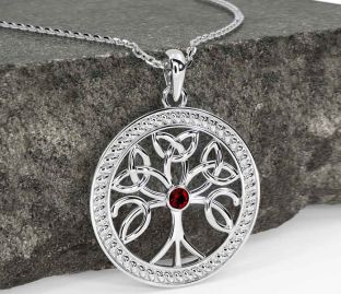 Garnet White Gold Celtic Tree of Life Trinity Knot Necklace