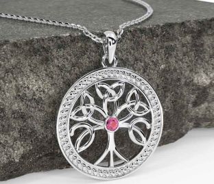 Pink Tourmaline White Gold Celtic Tree of Life Trinity Knot Necklace
