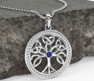 Sapphire White Gold Celtic Tree of Life Trinity Knot Necklace