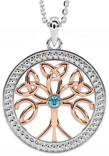 Aquamarine White Rose Gold Celtic Tree of Life Trinity Knot Necklace
