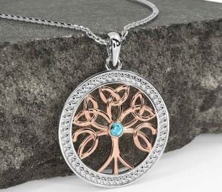 Aquamarine White Rose Gold Celtic Tree of Life Trinity Knot Necklace