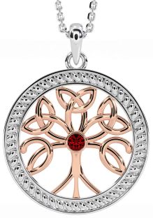 Garnet White Rose Gold Celtic Tree of Life Trinity Knot Necklace