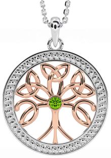 Peridot White Rose Gold Celtic Tree of Life Trinity Knot Necklace