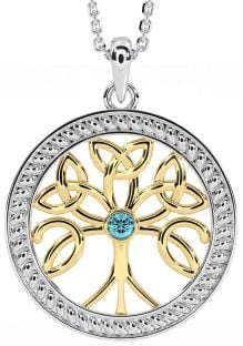 Aquamarine White Yellow Gold Celtic Tree of Life Trinity Knot Necklace