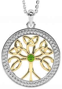 Peridot White Yellow Gold Celtic Tree of Life Trinity Knot Necklace