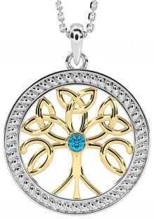 Topaz White Yellow Gold Celtic Tree of Life Trinity Knot Necklace