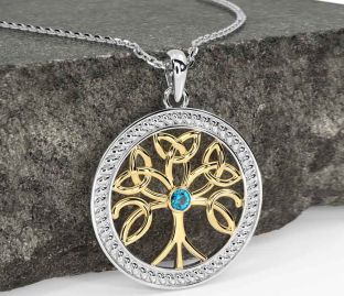 Topaz White Yellow Gold Celtic Tree of Life Trinity Knot Necklace