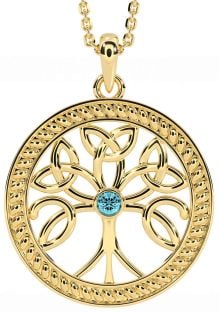 Aquamarine Gold Celtic Tree of Life Trinity Knot Necklace