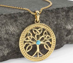 Aquamarine Gold Celtic Tree of Life Trinity Knot Necklace