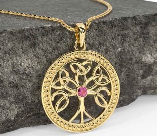 Pink Tourmaline Gold Celtic Tree of Life Trinity Knot Necklace