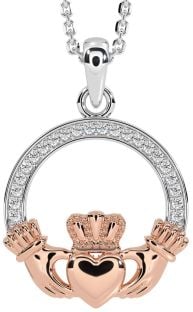 Diamond Rose Gold Silver Claddagh Necklace