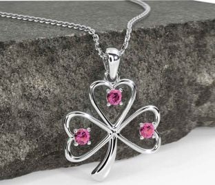 Pink Tourmaline Silver Shamrock Necklace
