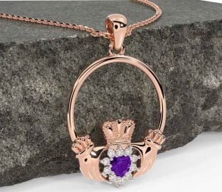 Diamond Amethyst Rose Gold Silver Claddagh Necklace
