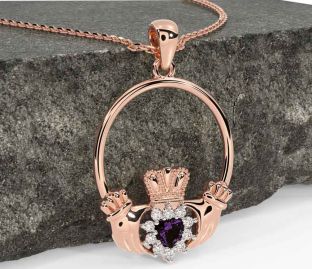 Diamond Alexandrite Rose Gold Silver Claddagh Necklace