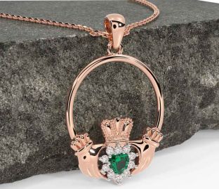Diamond Emerald Rose Gold Silver Claddagh Necklace
