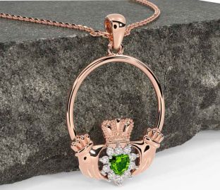 Diamond Peridot Rose Gold Silver Claddagh Necklace