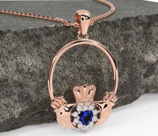 Diamond Sapphire Rose Gold Silver Claddagh Necklace