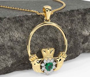 Diamond Emerald Gold Silver Claddagh Necklace