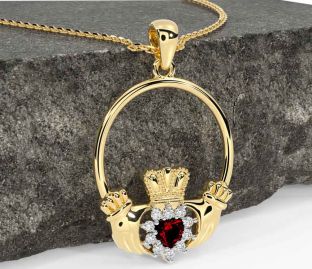 Diamond Garnet Gold Silver Claddagh Necklace