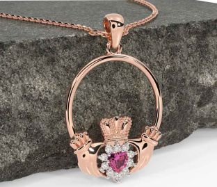 Diamond Pink Tourmaline Rose Gold Claddagh Necklace
