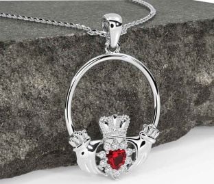 Diamond Ruby Silver Claddagh Necklace