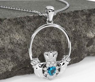 Diamond Topaz Silver Claddagh Necklace
