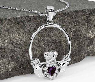 Diamond Alexandrite White Gold Claddagh Necklace
