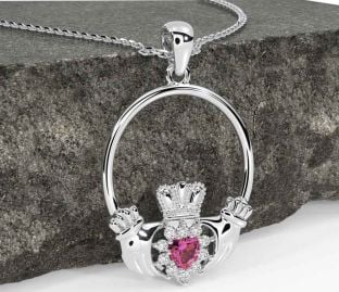 Diamond Pink Tourmaline White Gold Claddagh Necklace