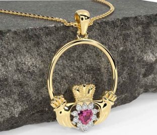 Diamond Pink Tourmaline Gold Claddagh Necklace