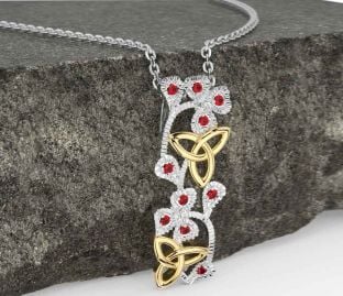 Ruby Gold Silver Shamrock Trinity knot Necklace