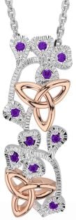 Amethyst White Rose Gold Shamrock Trinity knot Necklace