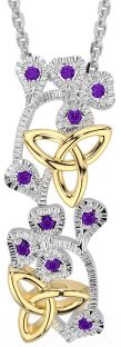 Amethyst White Yellow Gold Shamrock Trinity knot Necklace