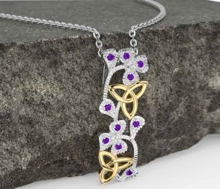 Amethyst White Yellow Gold Shamrock Trinity knot Necklace