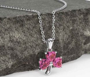 Pink Tourmaline Silver Shamrock Necklace