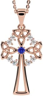 Diamond Sapphire Rose Gold Silver Celtic Cross Trinity Knot Necklace