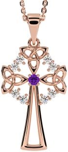 Diamond Amethyst Rose Gold Celtic Cross Trinity Knot Necklace