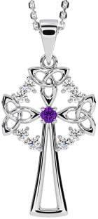 Diamond Amethyst White Gold Celtic Cross Trinity Knot Necklace